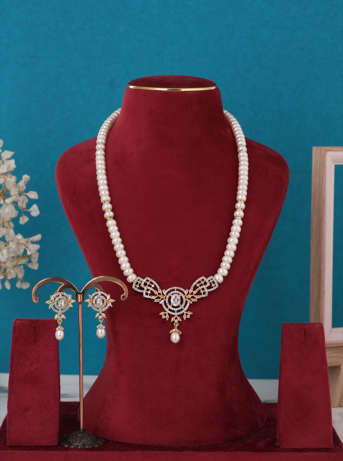Single String Necklace Of Real Pearls Comes With CZ Pendant Set n Certificate(D.No ADPRLS3212)