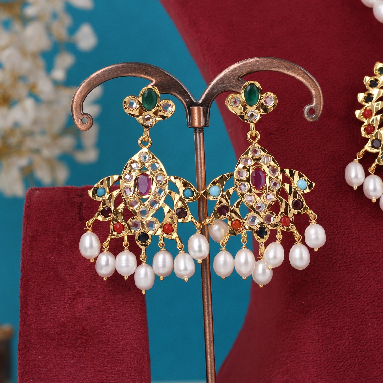 Real Pearls String Comes With Navratan Stone Studded Pendant Set n Certificate(D.No ADPRLS3232)