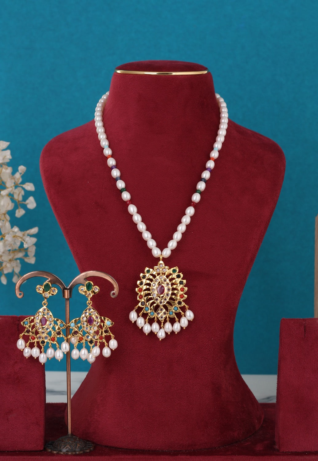 Real Pearls String Comes With Navratan Stone Studded Pendant Set n Certificate(D.No ADPRLS3232)