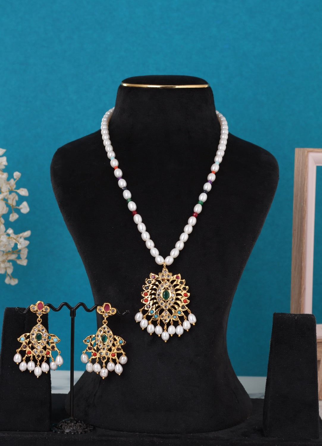 Real Pearls String Comes With Navratan Stone Studded Pendant Set n Certificate(D.No ADPRLS3233)