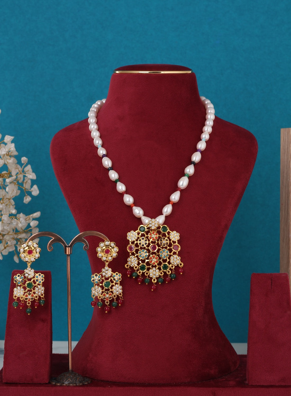 Real Pearls String With Stone Studded Pendant Set n Certificate(D.No ADPRLS3242)