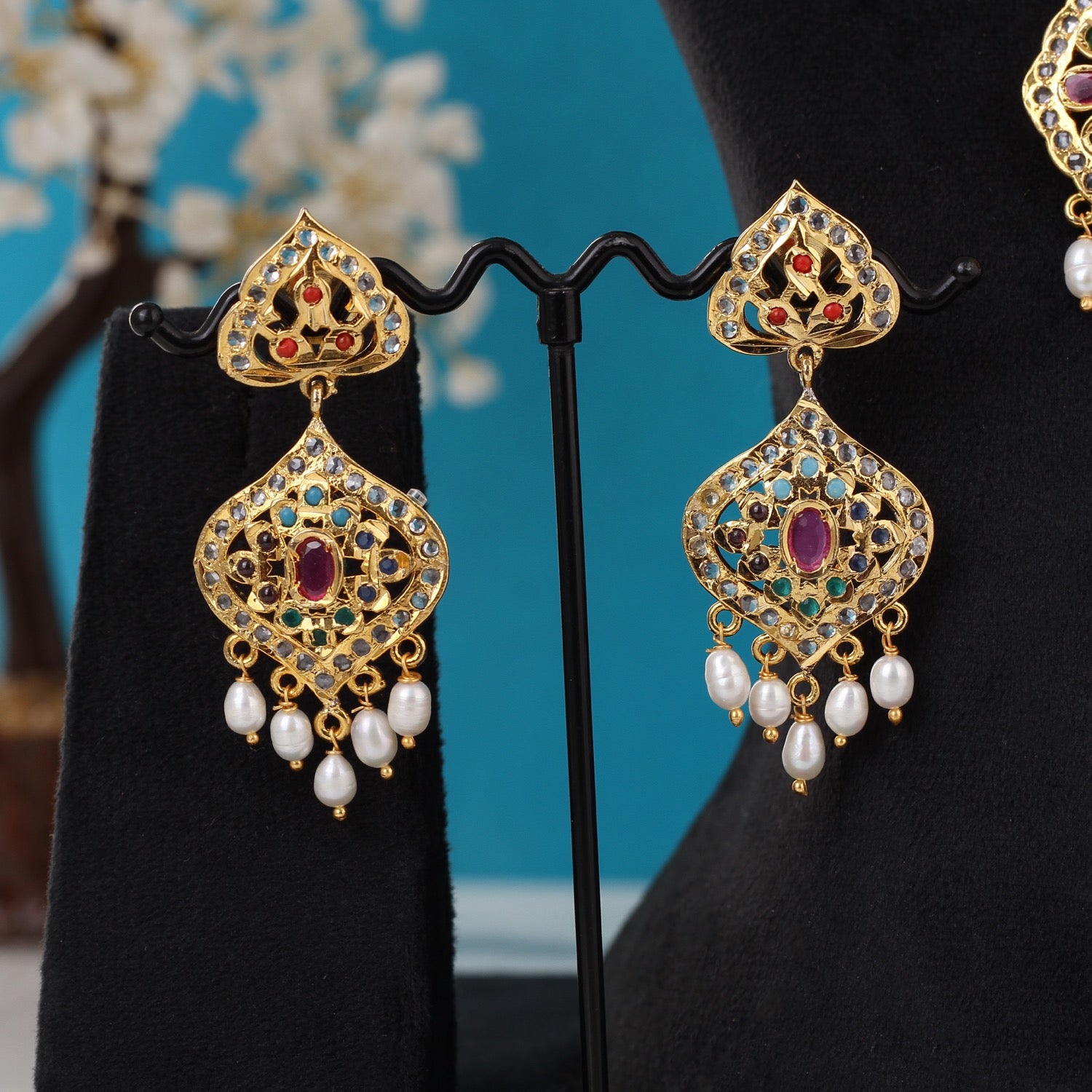 Real Pearls Double Line Navratan Stone Necklace Set For Women With Certificate(D.No ADPRLS3257)