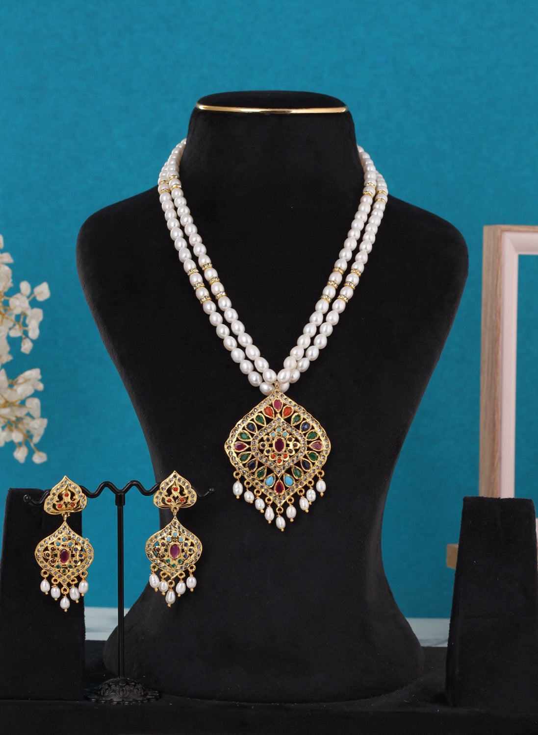 Real Pearls Double Line Navratan Stone Necklace Set For Women With Certificate(D.No ADPRLS3257)