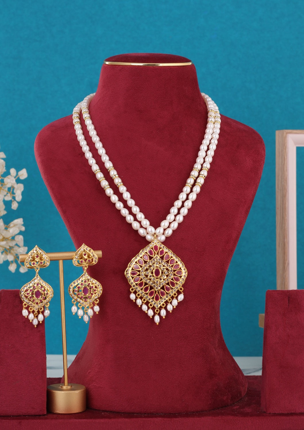 Real Pearls Double Line Ruby Stone Necklace Set For Women With Certificate(D.No ADPRLS3258)