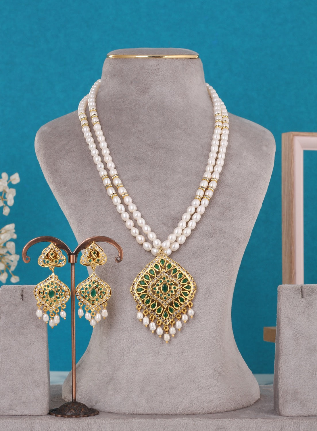 Real Pearls Double Line Green Stone Necklace Set For Women With Certificate(D.No ADPRLS3259)