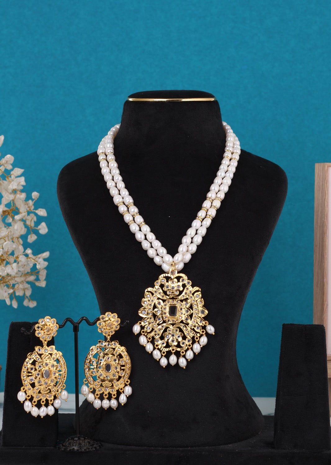 Real Pearls Double Line Polki Stone Necklace Set For Women With Certificate(D.No ADPRLS3263)
