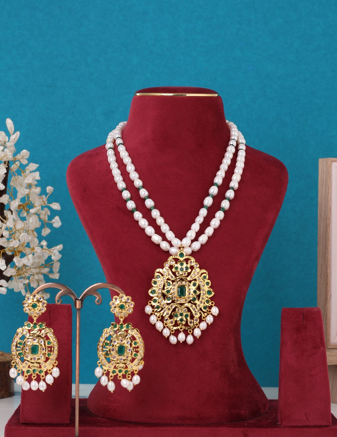 Real Pearls Double Line Polki Stone Necklace Set For Women With Certificate(D.No ADPRLS3264)