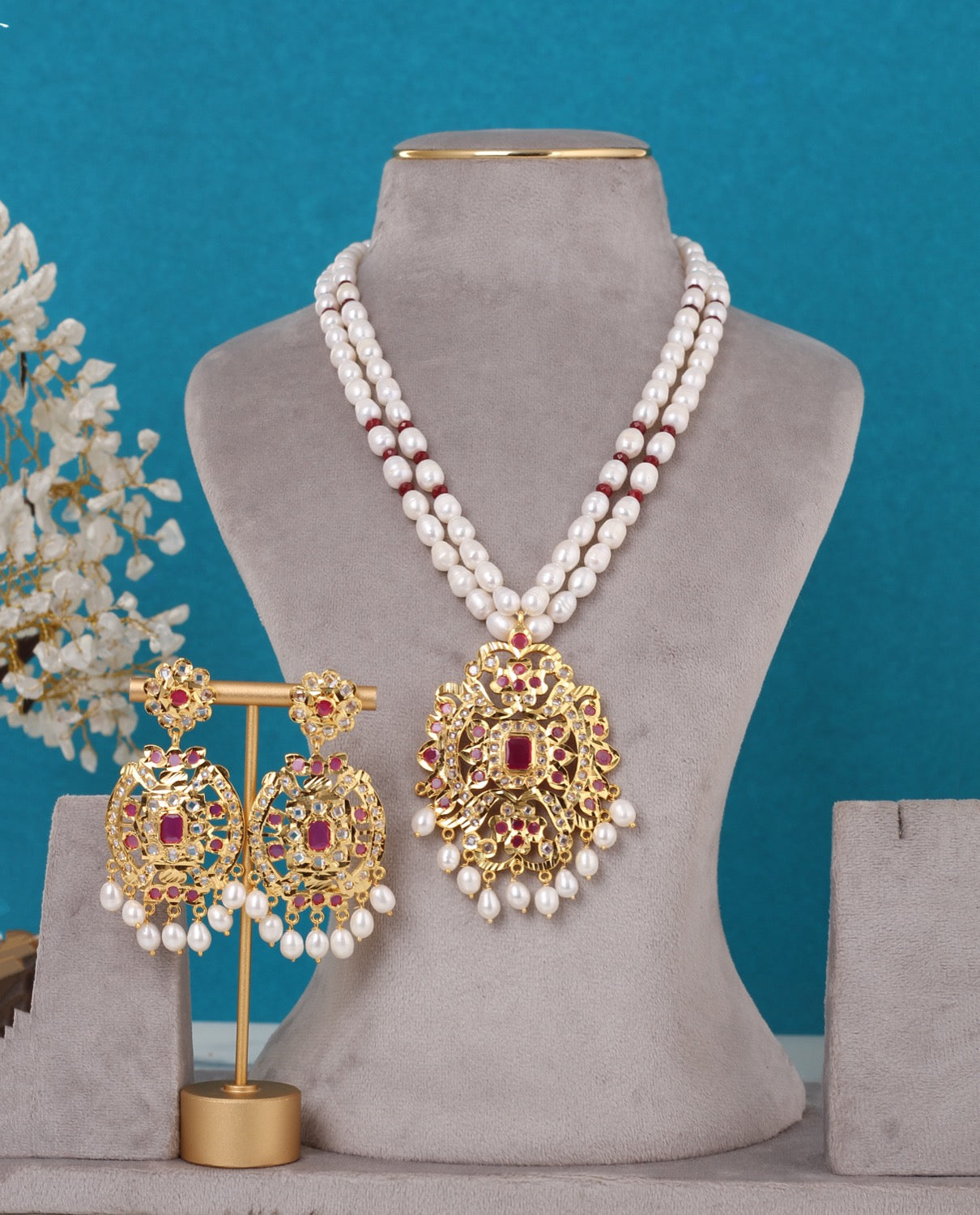 Real Pearls Double Line Polki Stone Necklace Set For Women With Certificate(D.No ADPRLS3265)
