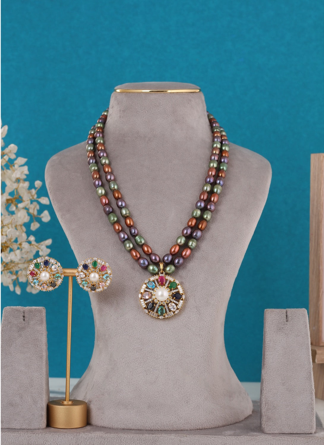 Real Pearls Coloured Double Line Set For Women,With Certificate(D.No ADPRLS3276)