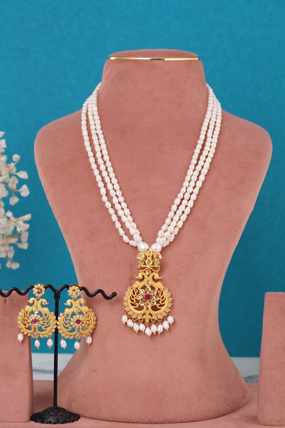 Real Pearls Multiple Lines With Pendant Set For Women,With Certificate(D.No ADPRLS3311)