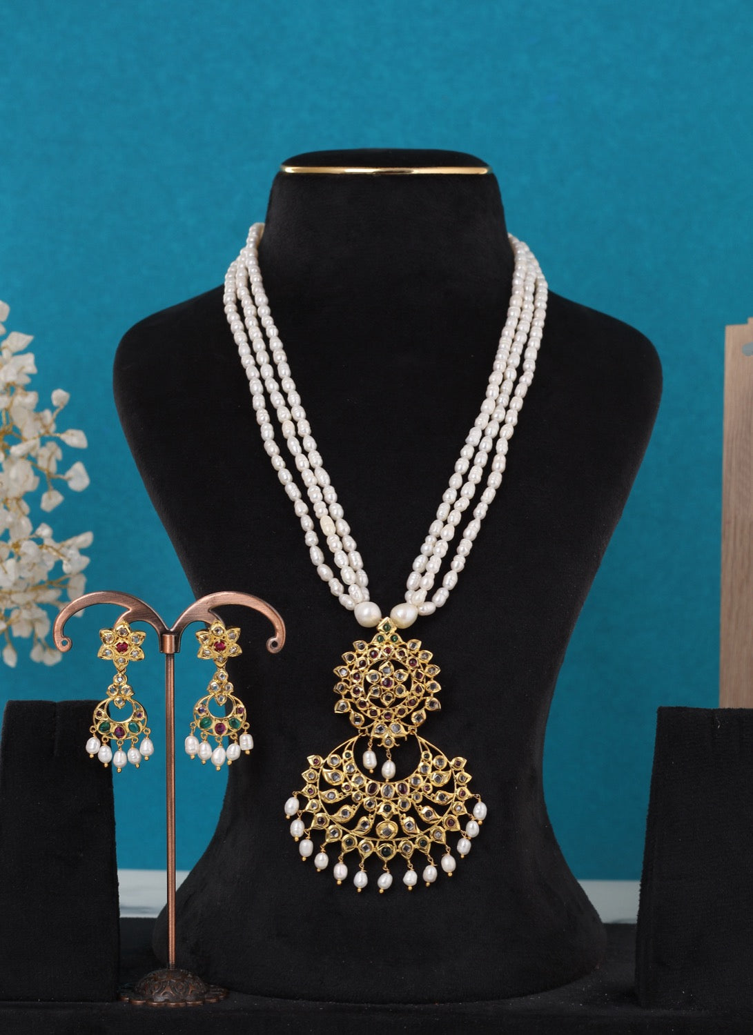 Real Pearls Multiple Lines With Pendant Set For Women,With Certificate(D.No ADPRLS3312)
