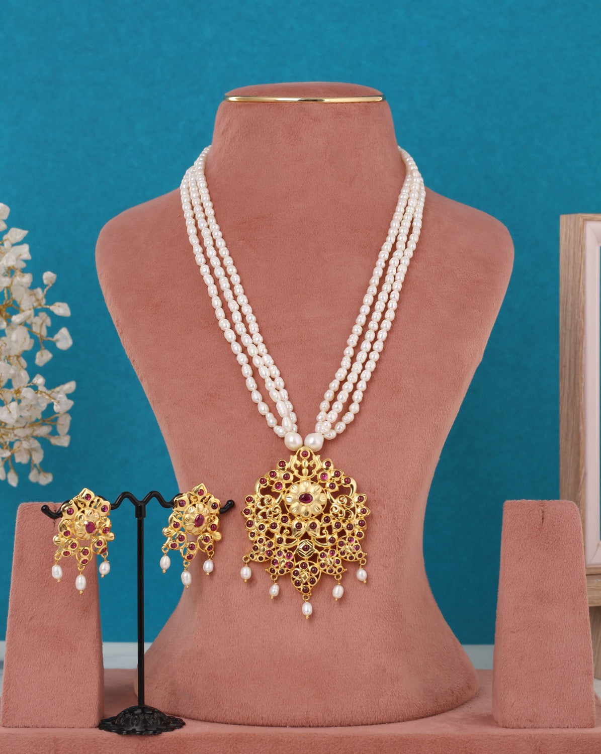 Real Pearls Multiple Lines With Pendant Set For Women,With Certificate(D.No ADPRLS3314)