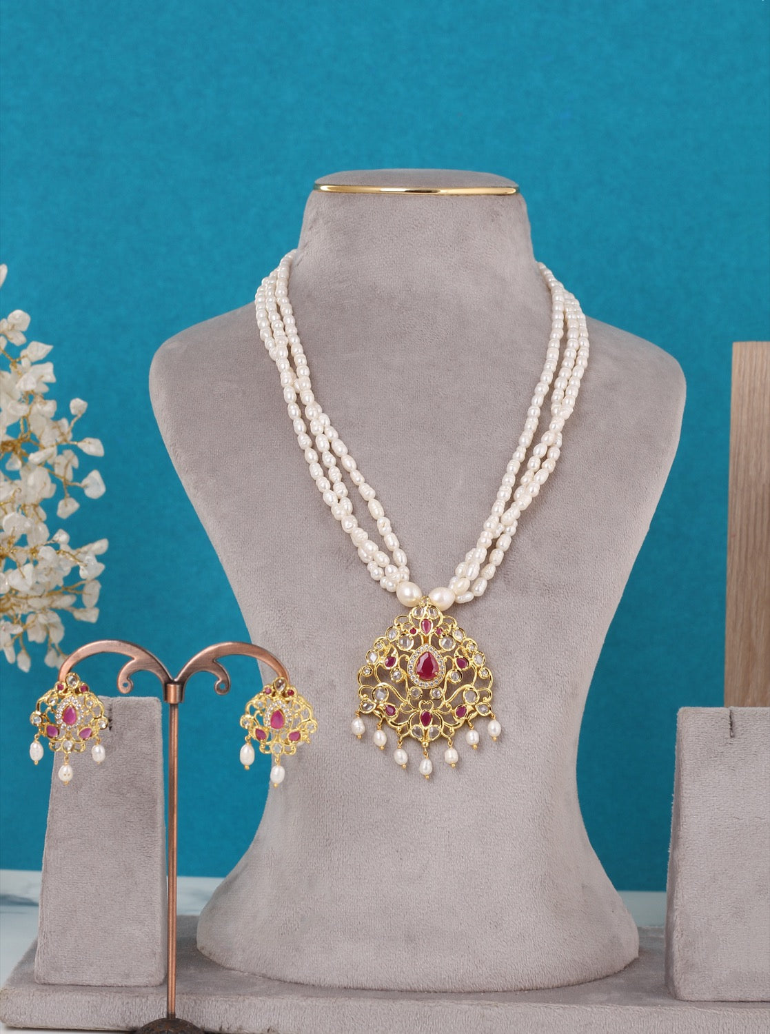 Real Pearls Multiple Lines With Pendant Set For Women,With Certificate(D.No ADPRLS3315)