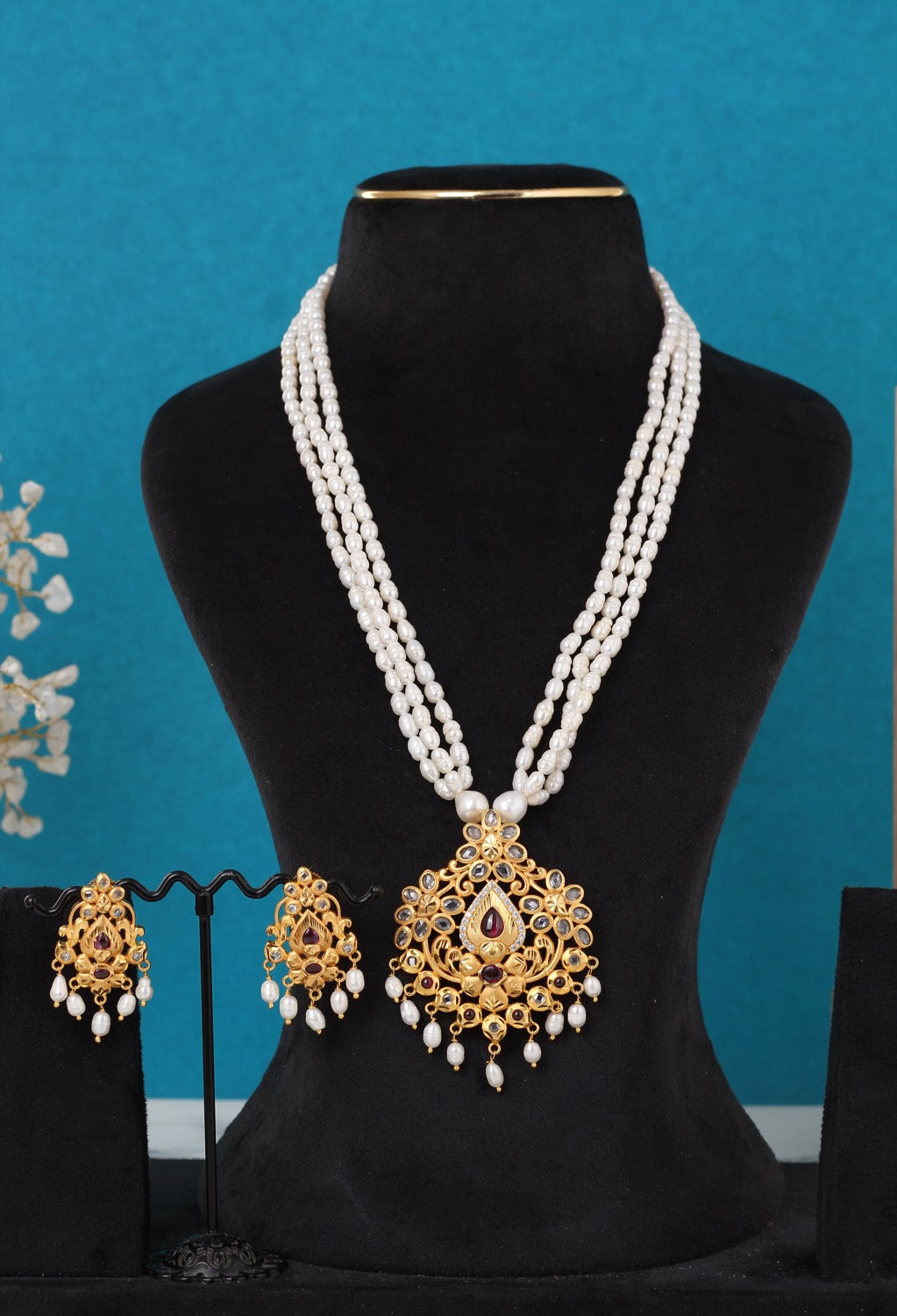Real Pearls Multiple Lines With Pendant Set For Women,With Certificate(D.No ADPRLS3317)