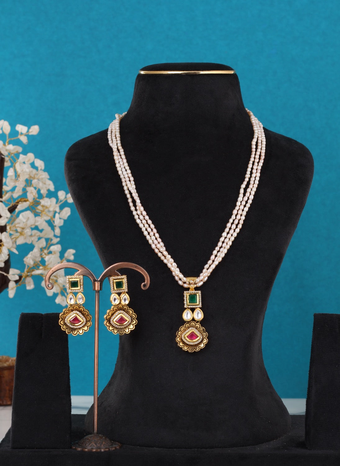 Real Rice Pearls Multiple Lines With Pendant Set For Women,With Certificate(D.No ADPRLS3318)