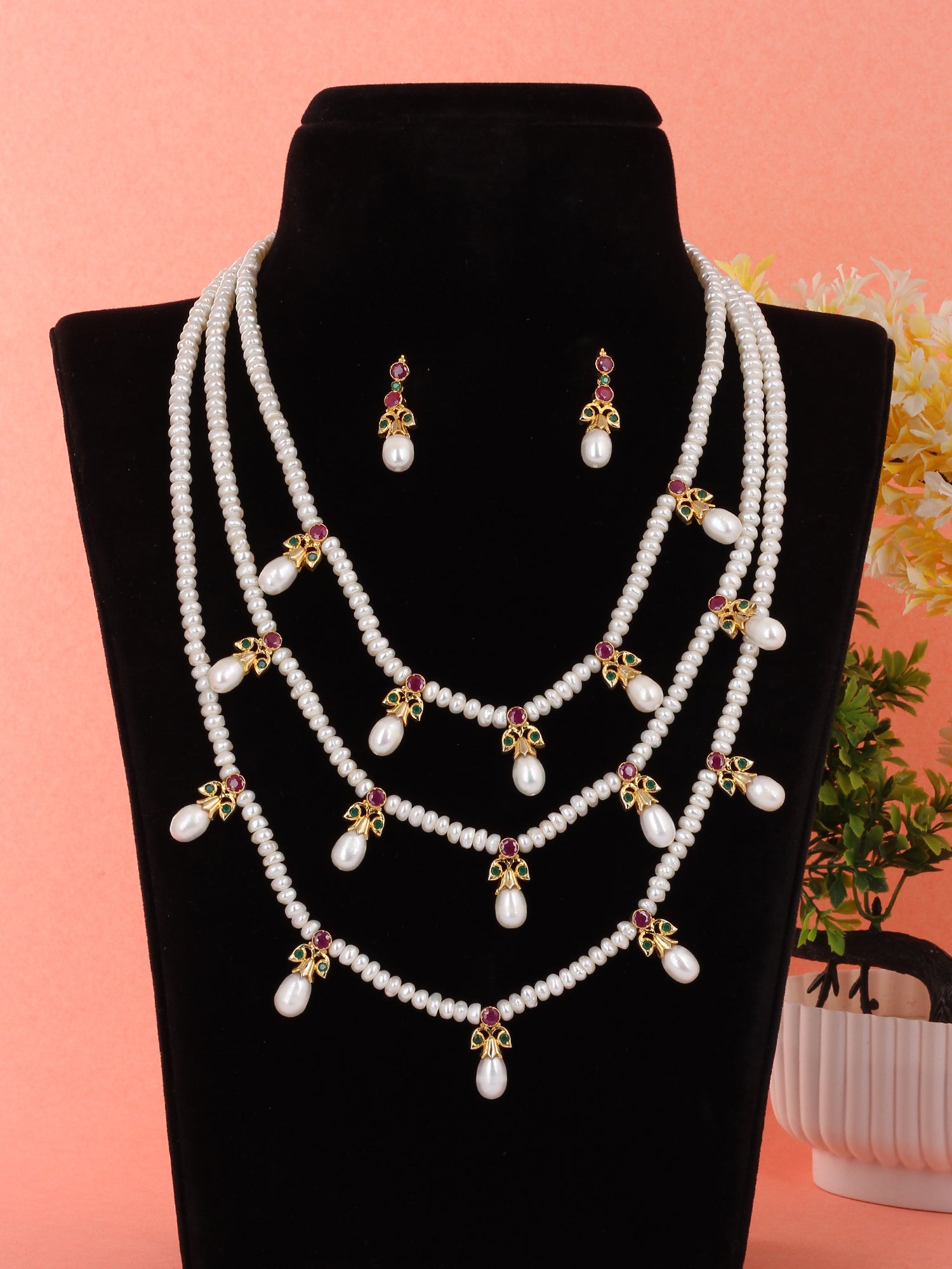 Real Natural Fresh Water Triple String Pearl Set With Certificate(D.No ADPRLS533)