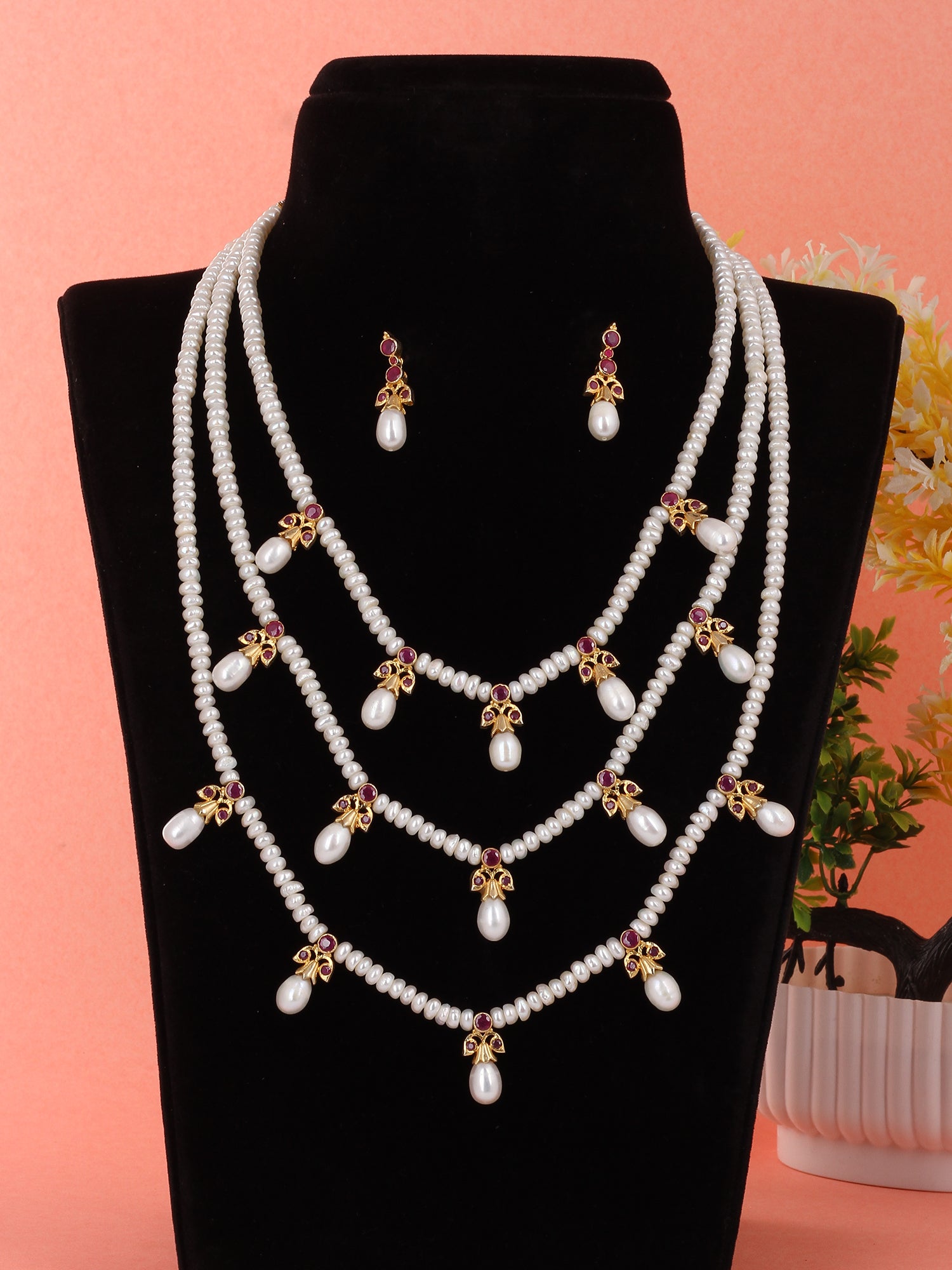 Real Natural Fresh Water Triple String Pearl Set With Certificate(D.No ADPRLS534)