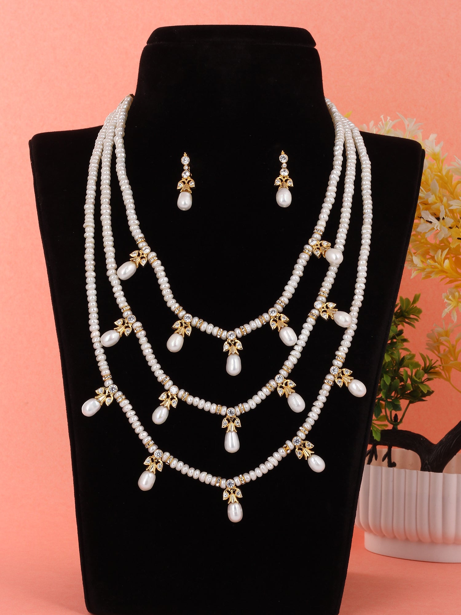 Real Natural Fresh Water Triple String Pearl Set With Certificate(D.No ADPRLS535)