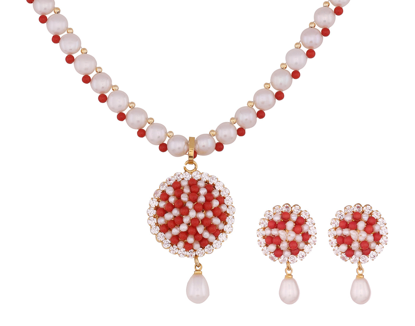Real Natural Fresh Water Button Pearl n Coral Set With Certificate(D.No ADPRLS819)