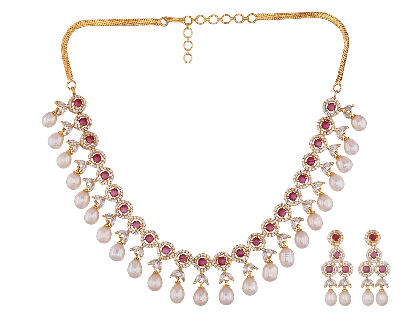 Cz Stone Studded Necklace Set With Real Pearl Drops With Certificate(D.No ADPRLS830)