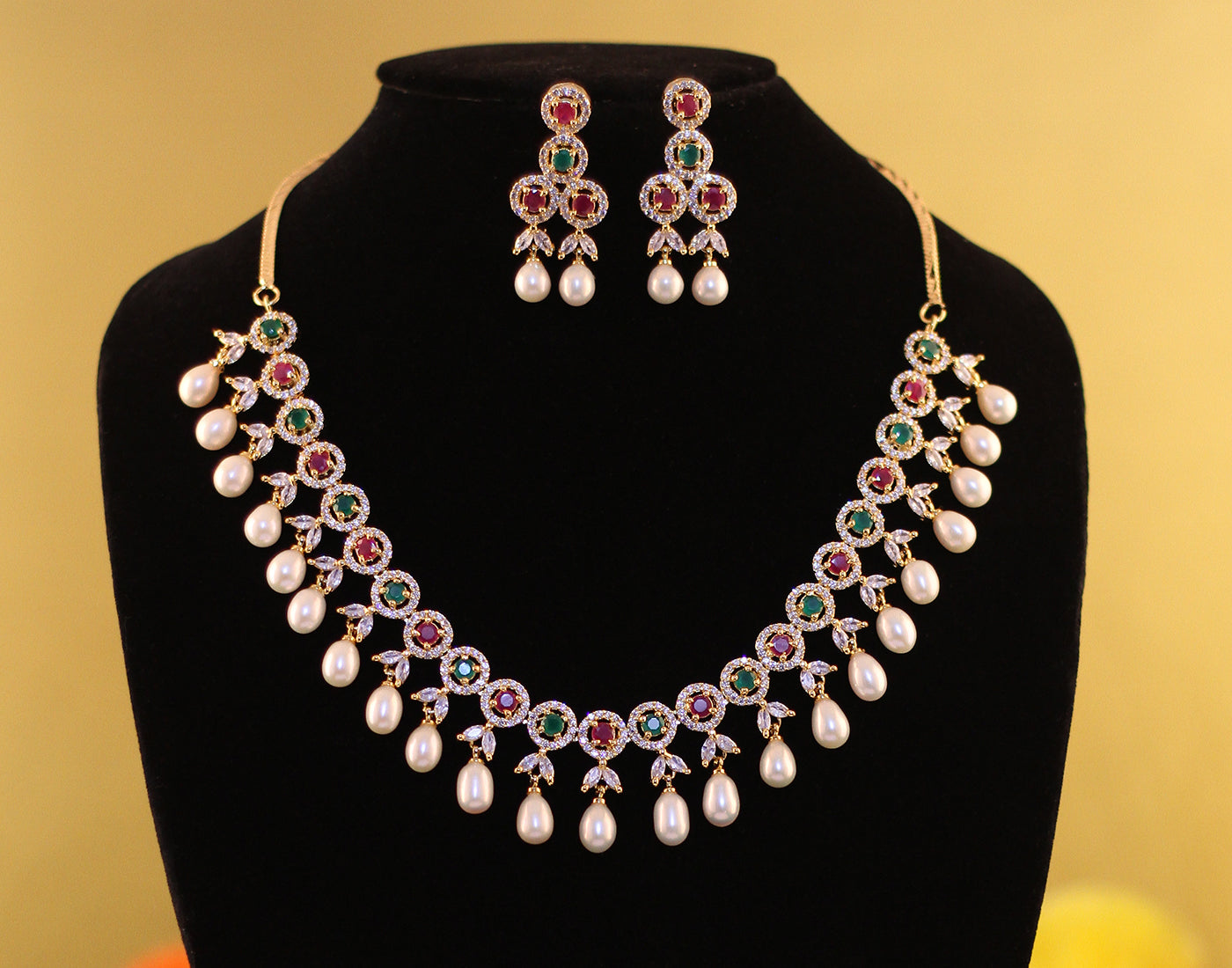 Cz Stone Studded Necklace Set With Real Pearl Drops With Certificate(D.No ADPRLS831)