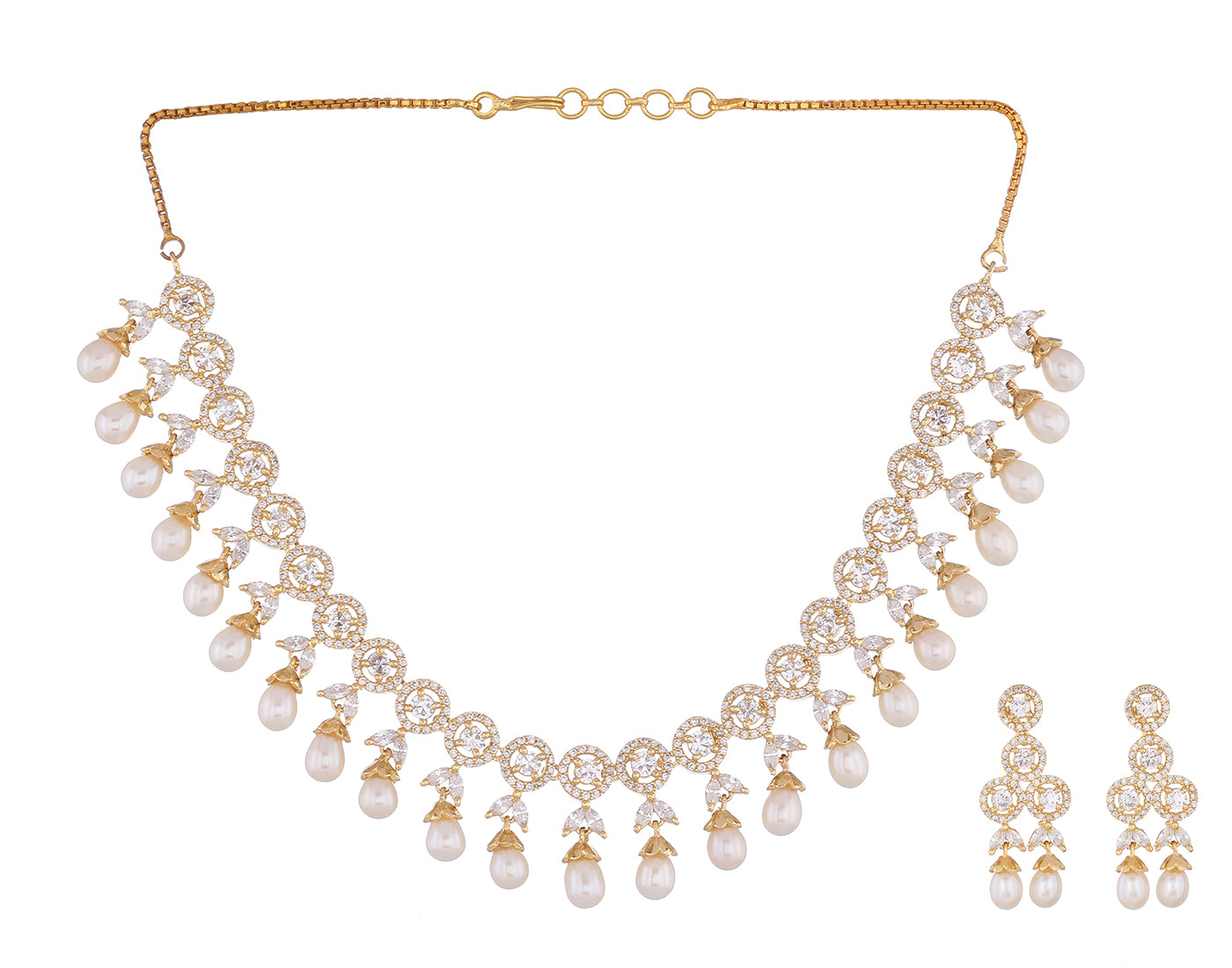 Cz Stone Studded Necklace Set With Real Pearl Drops With Certificate(D.No ADPRLS833)