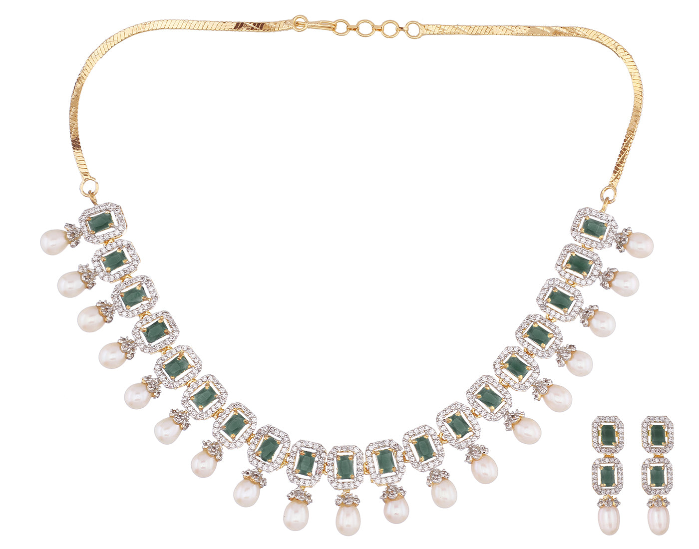 Cz Stone Studded Necklace Set With Real Pearl Drops With Certificate(D.No ADPRLS834)