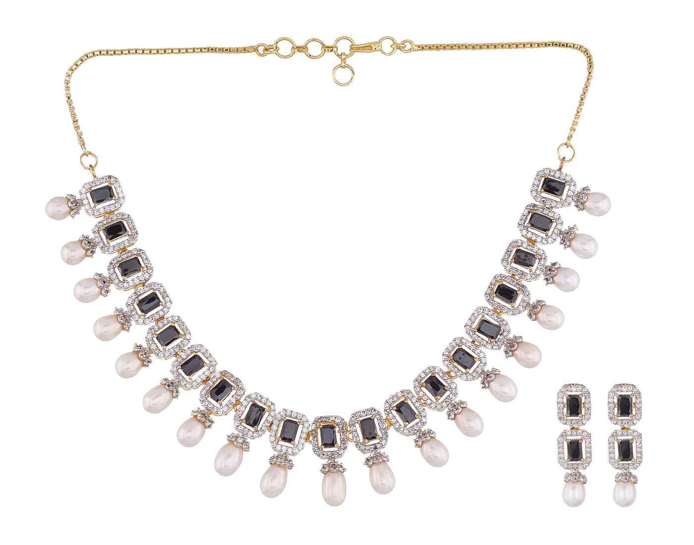 Cz Stone Studded Necklace Set With Real Pearl Drops With Certificate(D.No ADPRLS835)