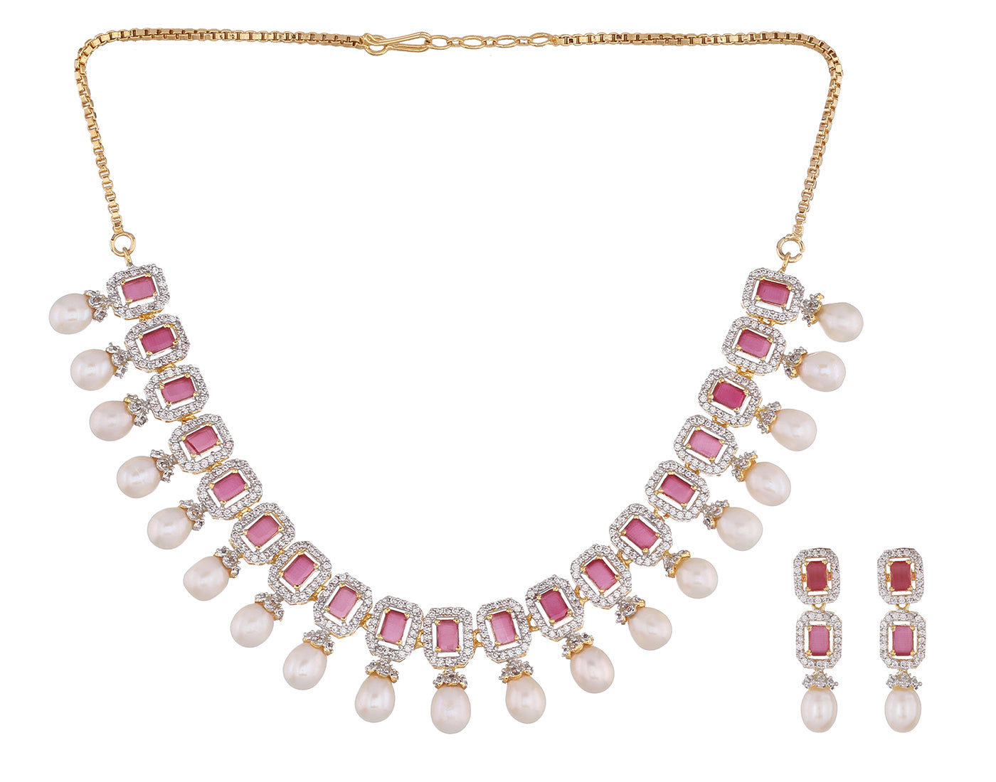 Cz Stone Studded Necklace Set With Real Pearl Drops With Certificate(D.No ADPRLS836)