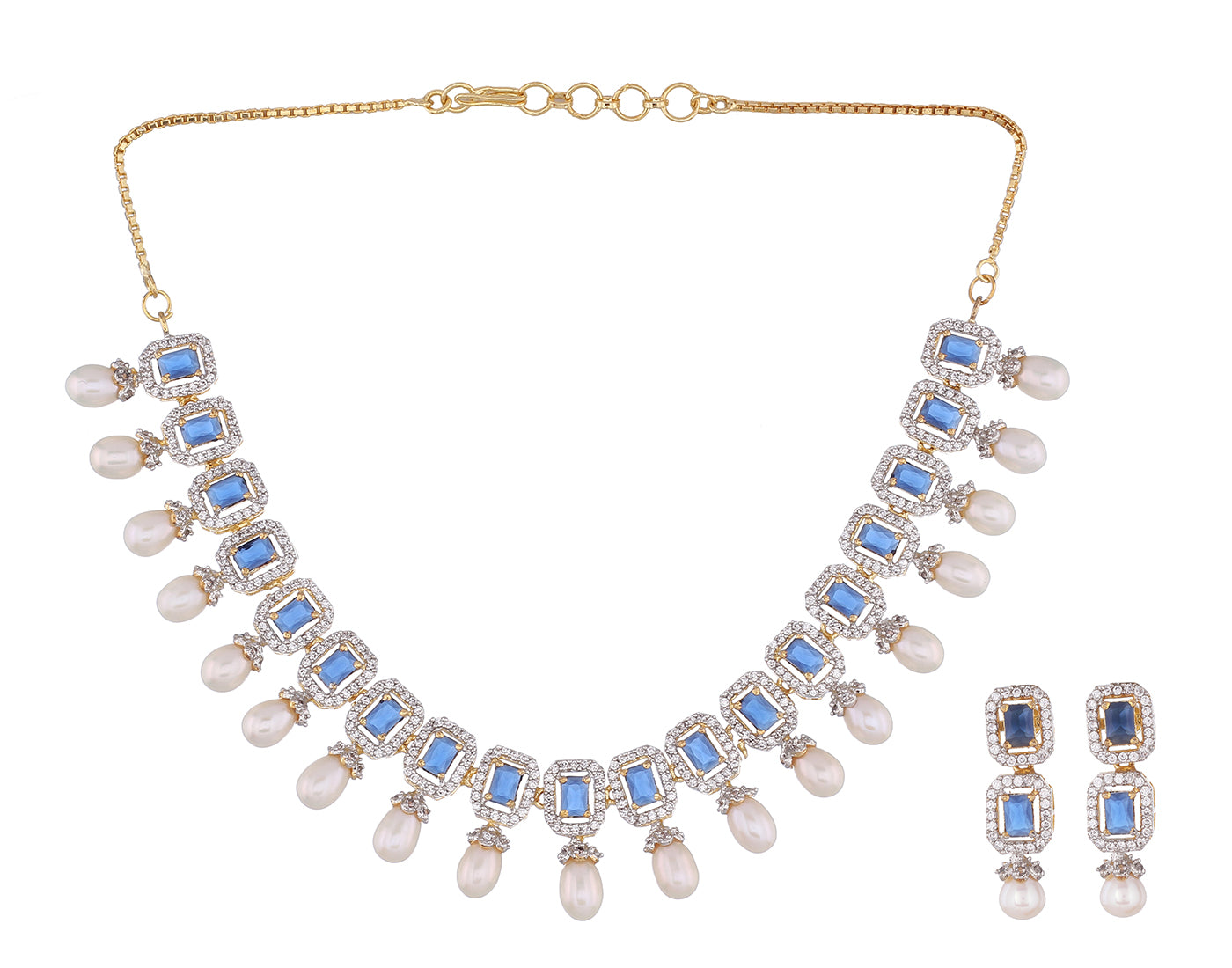 Cz Stone Studded Necklace Set With Real Pearl Drops With Certificate(D.No ADPRLS837)