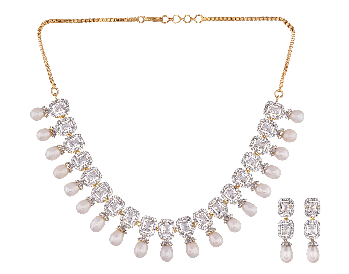 Cz Stone Studded Necklace Set With Real Pearl Drops With Certificate(D.No ADPRLS838)