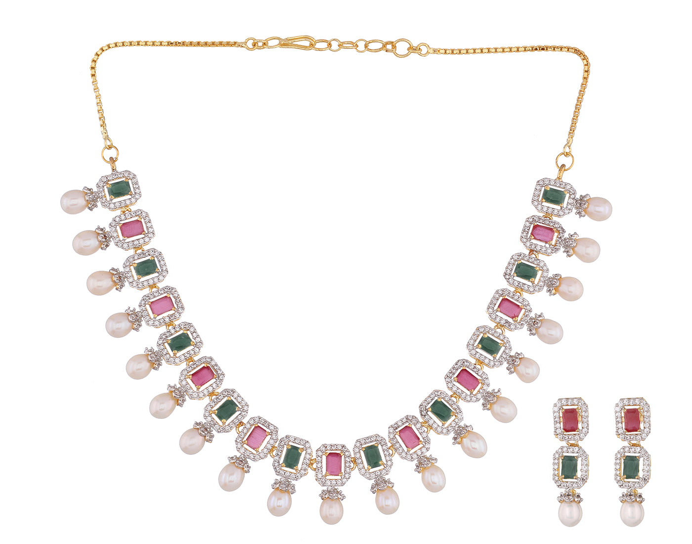 Cz Stone Studded Necklace Set With Real Pearl Drops With Certificate(D.No ADPRLS839)