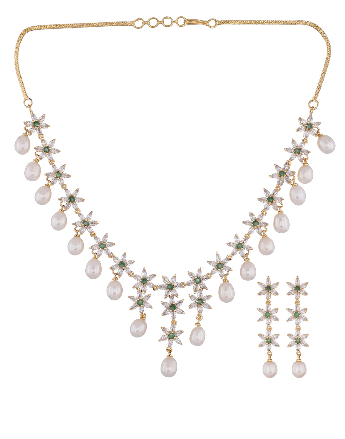 Cz Stone Studded Necklace Set With Real Pearl Drops With Certificate(D.No ADPRLS840)