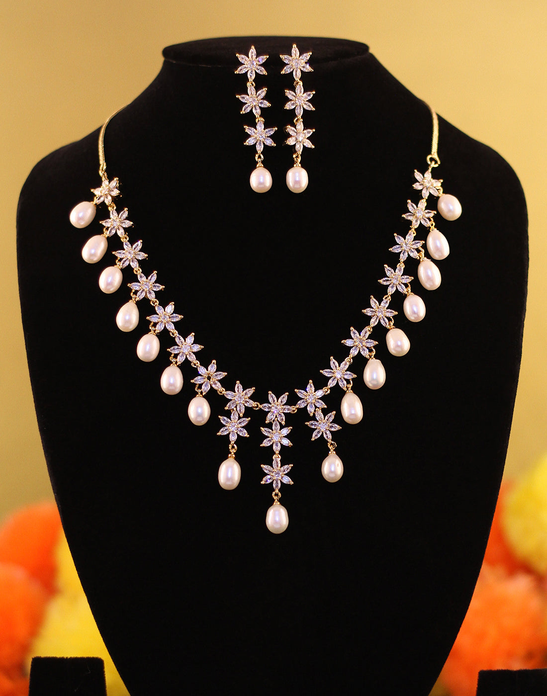 Cz Stone Studded Necklace Set With Real Pearl Drops With Certificate(D.No ADPRLS841)