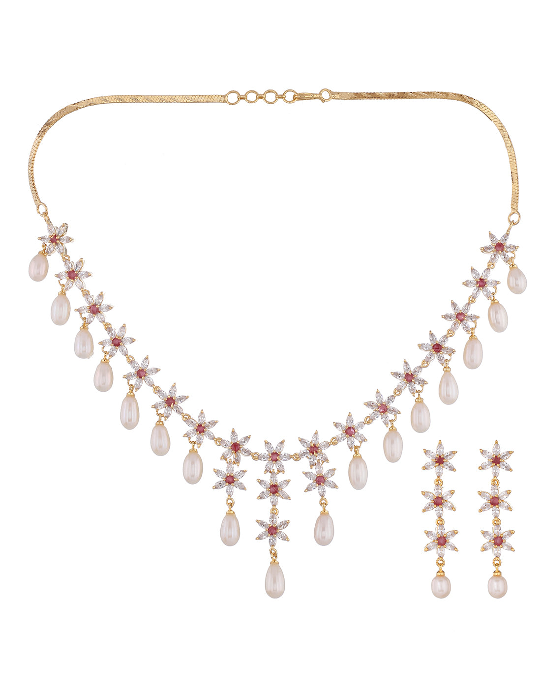 Cz Stone Studded Necklace Set With Real Pearl Drops With Certificate(D.No ADPRLS842)