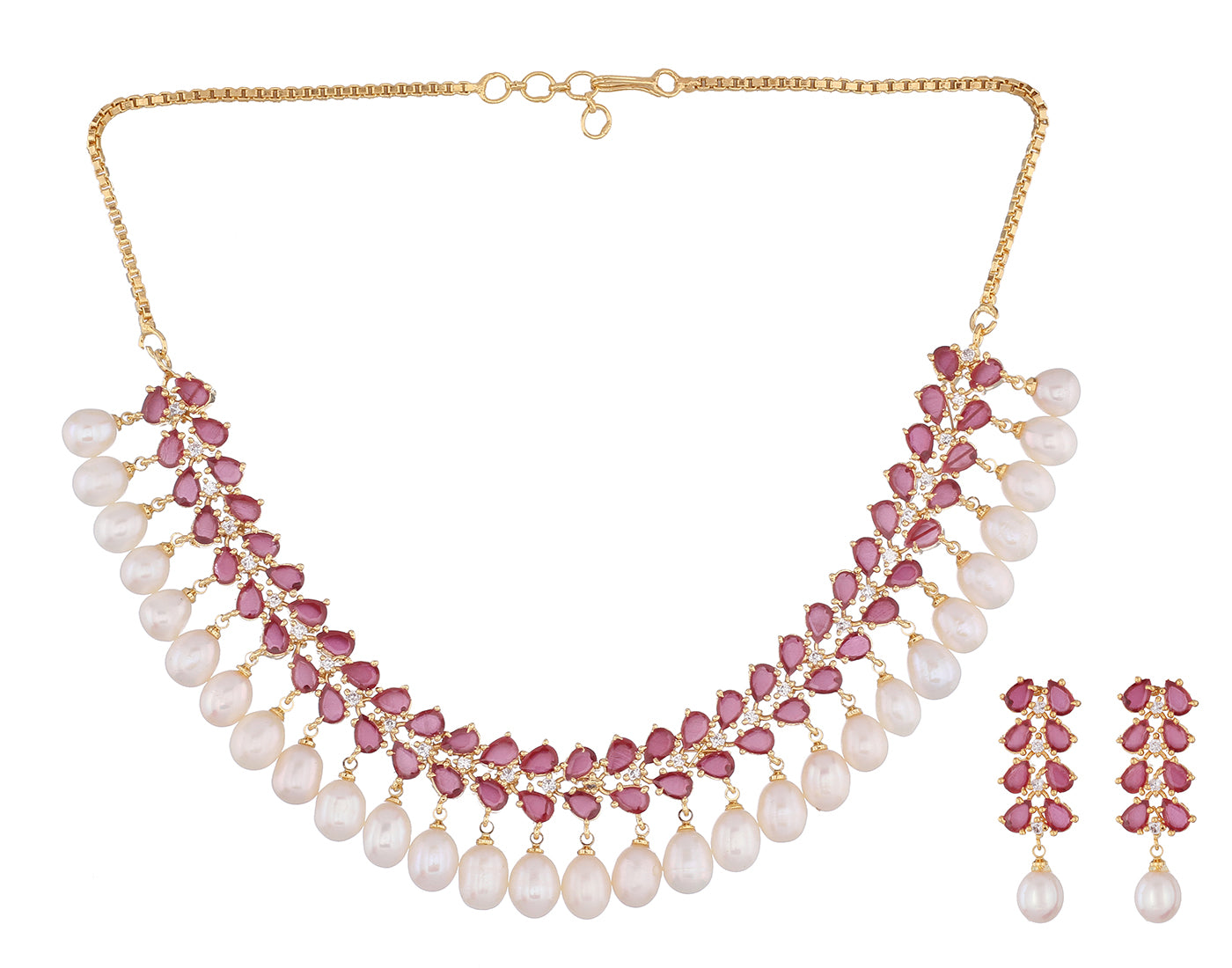 Cz Stone Studded Necklace Set With Real Pearl Drops With Certificate(D.No ADPRLS843)