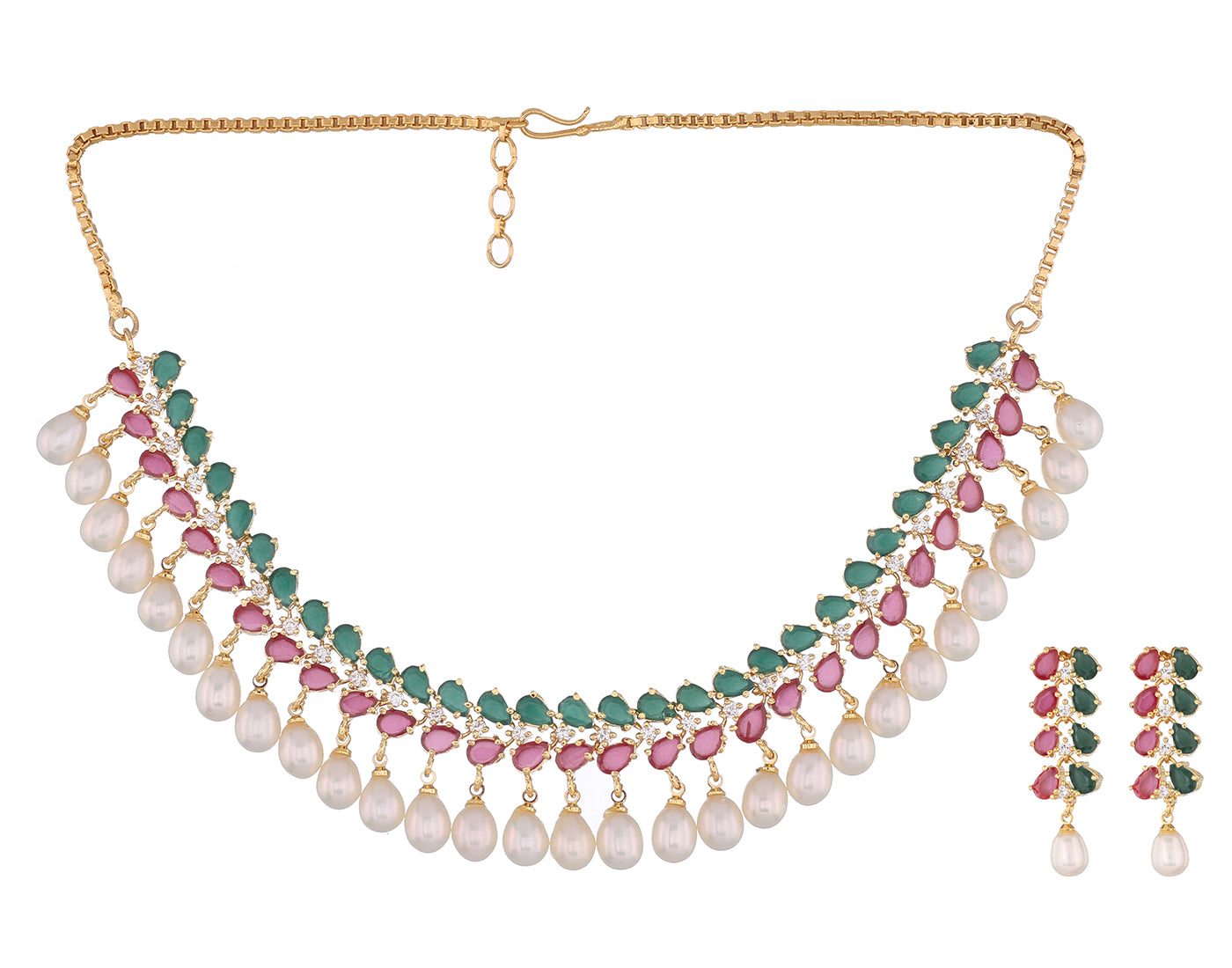 Cz Stone Studded Necklace Set With Real Pearl Drops With Certificate(D.No ADPRLS844)