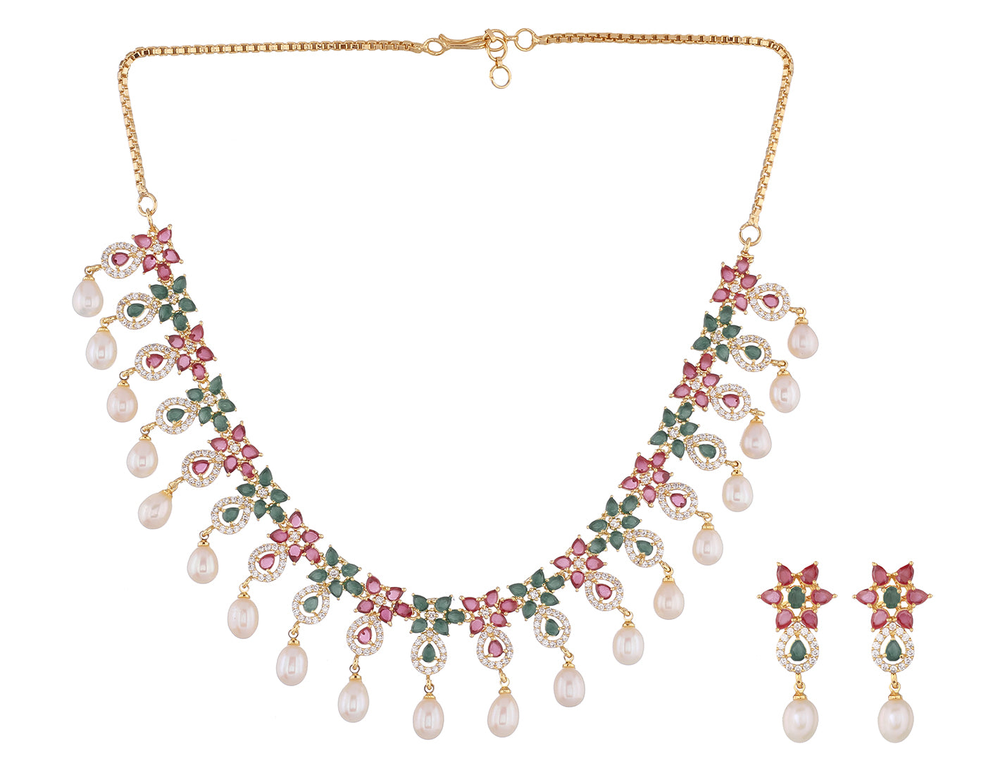 Cz Stone Studded Necklace Set With Real Pearl Drops With Certificate(D.No ADPRLS847)