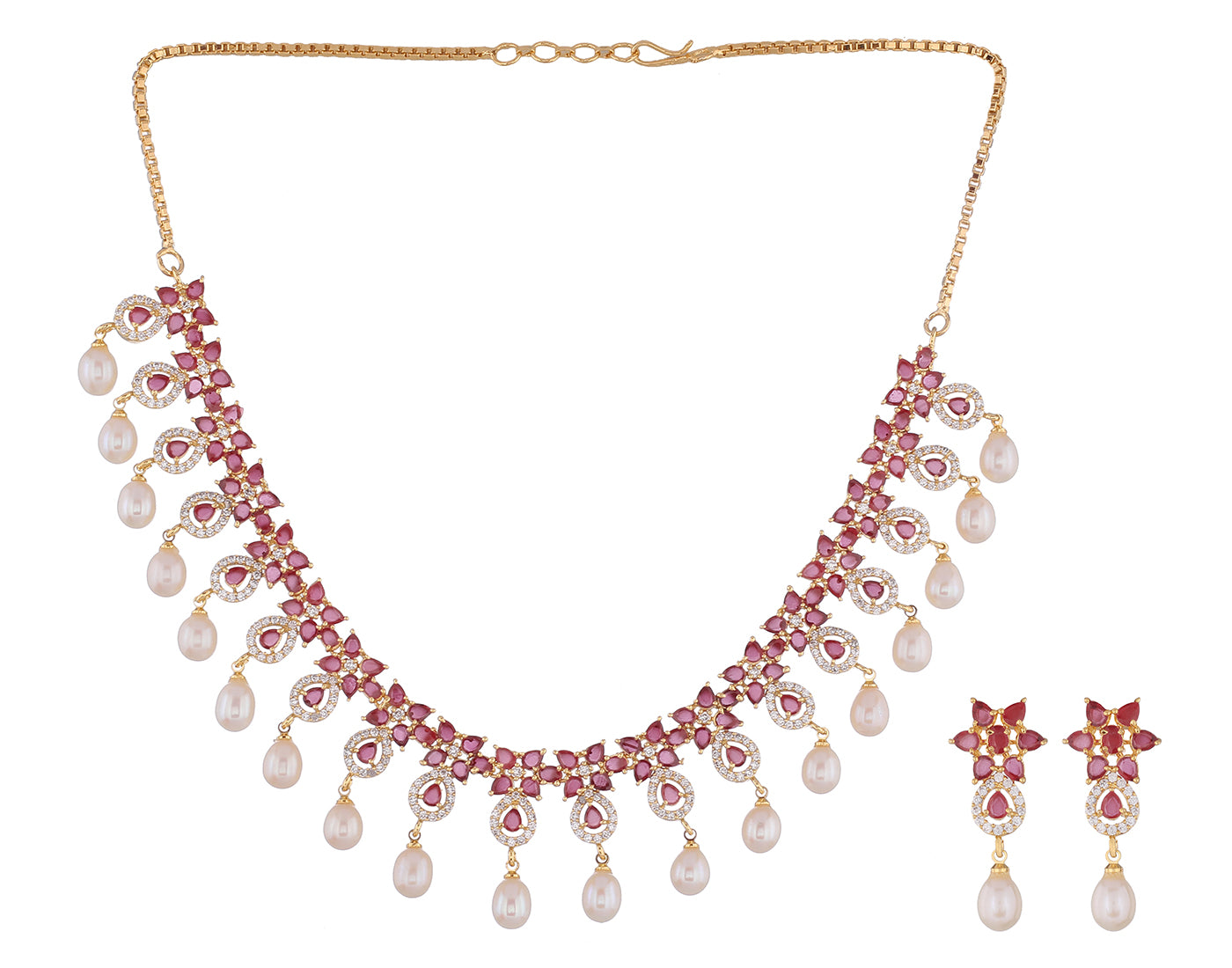 Cz Stone Studded Necklace Set With Real Pearl Drops With Certificate(D.No ADPRLS848)