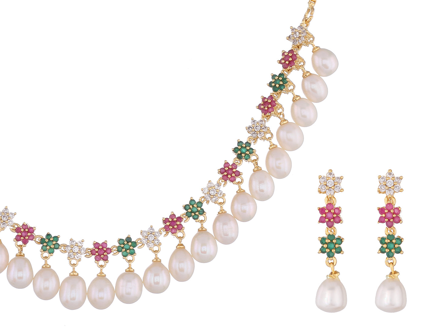 Cz Stone Studded Necklace Set With Real Pearl Drops With Certificate(D.No ADPRLS852)