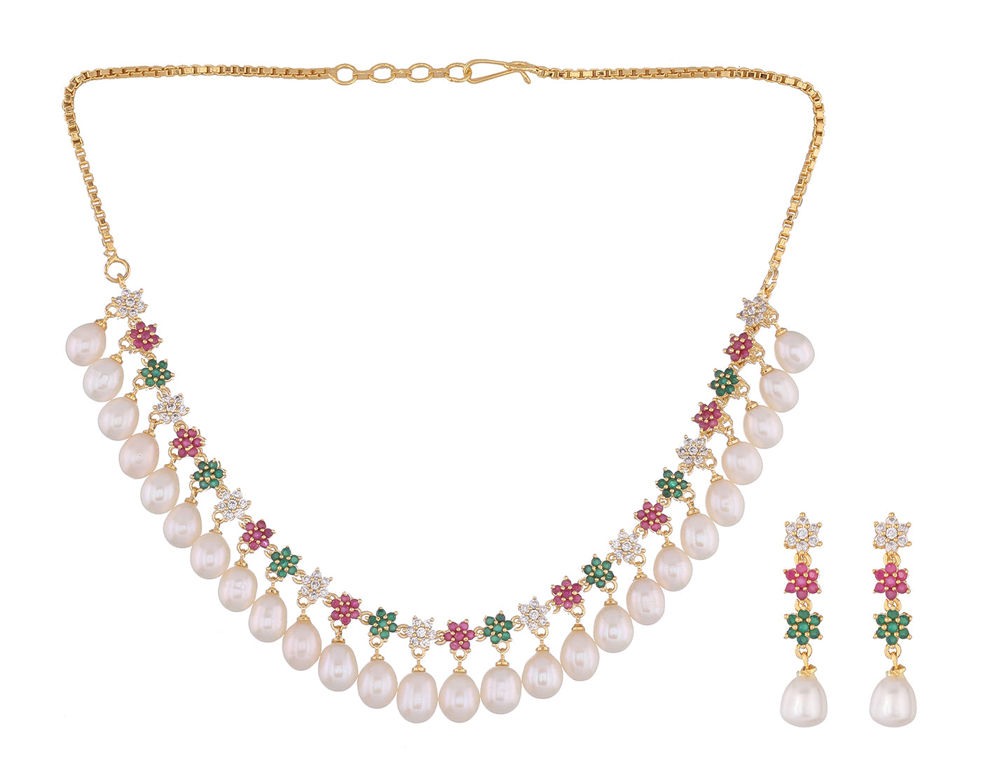 Cz Stone Studded Necklace Set With Real Pearl Drops With Certificate(D.No ADPRLS852)