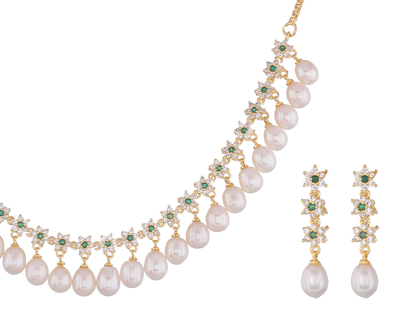 Cz Stone Studded Necklace Set With Real Pearl Drops With Certificate(D.No ADPRLS853)