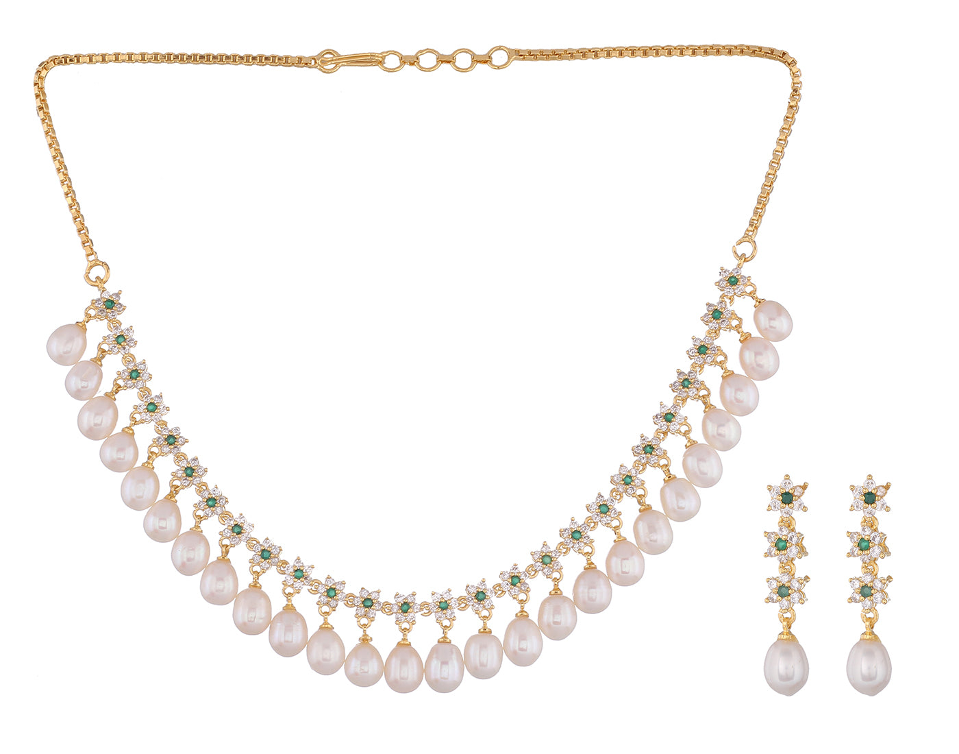 Cz Stone Studded Necklace Set With Real Pearl Drops With Certificate(D.No ADPRLS853)