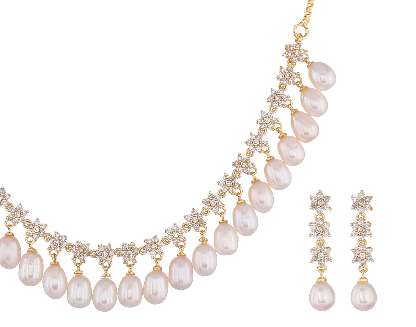 Cz Stone Studded Necklace Set With Real Pearl Drops With Certificate(D.No ADPRLS854)