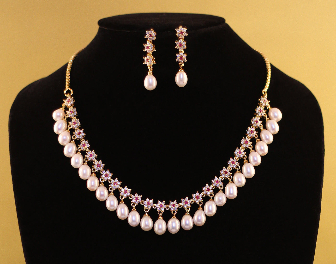Cz Stone Studded Necklace Set With Real Pearl Drops With Certificate(D.No ADPRLS855)
