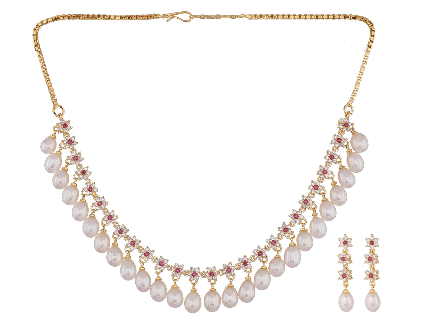 Cz Stone Studded Necklace Set With Real Pearl Drops With Certificate(D.No ADPRLS855)