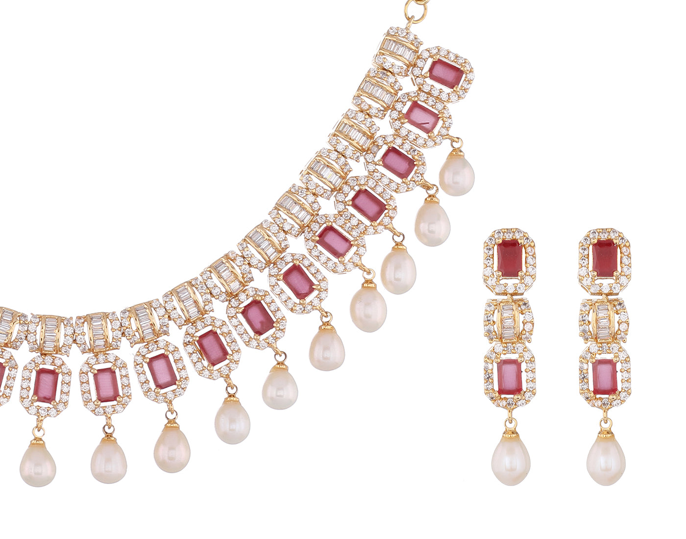 Cz Stone Studded Necklace Set With Real Pearl Drops With Certificate(D.No ADPRLS856)