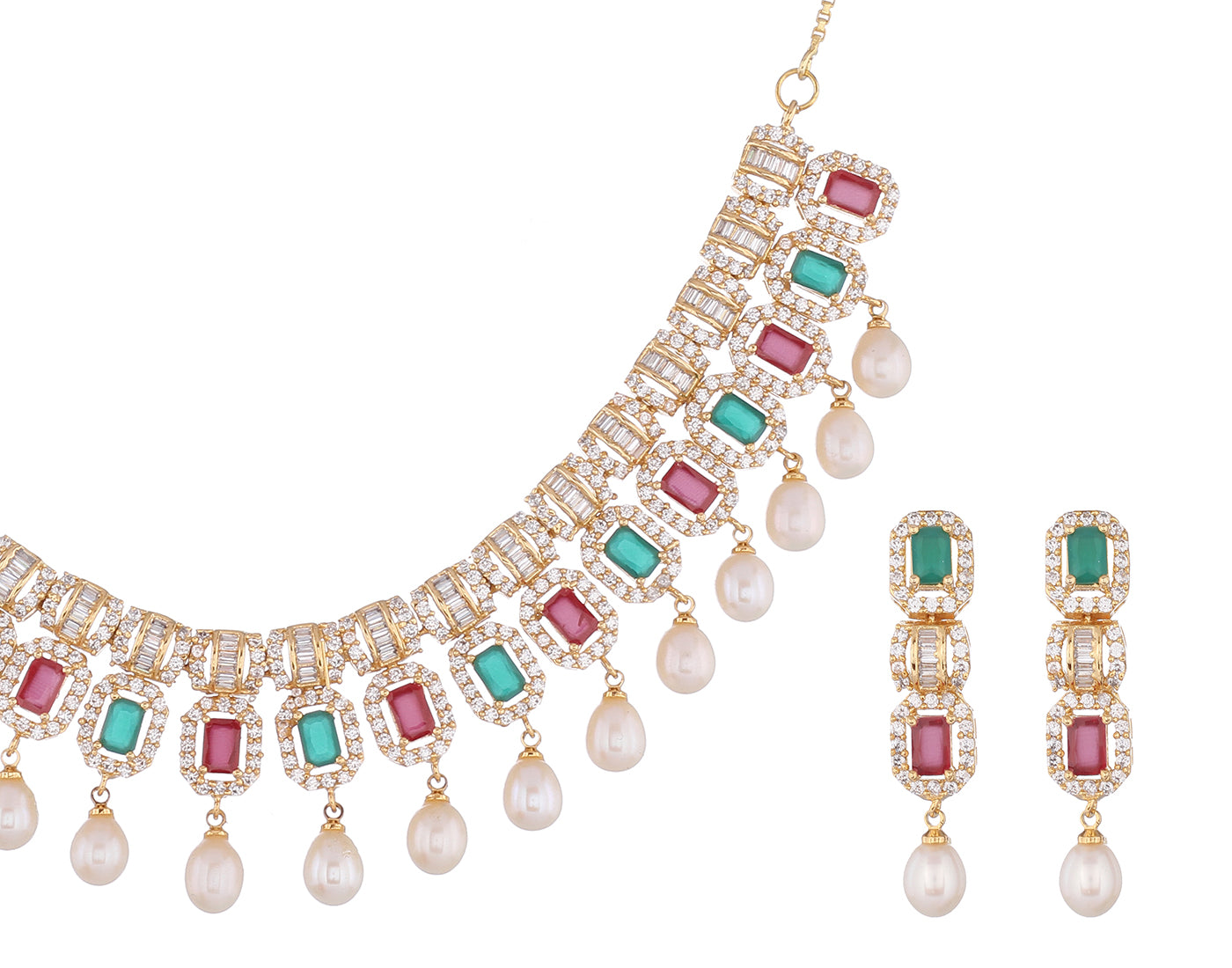 Cz Stone Studded Necklace Set With Real Pearl Drops With Certificate(D.No ADPRLS857)