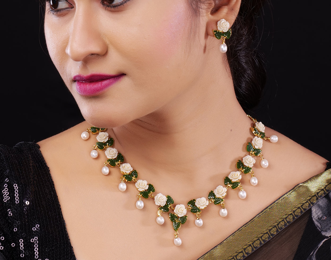 Ceramic Flower Necklace Set With Real Pearl Drops With Certificate(D.No ADPRLS859)