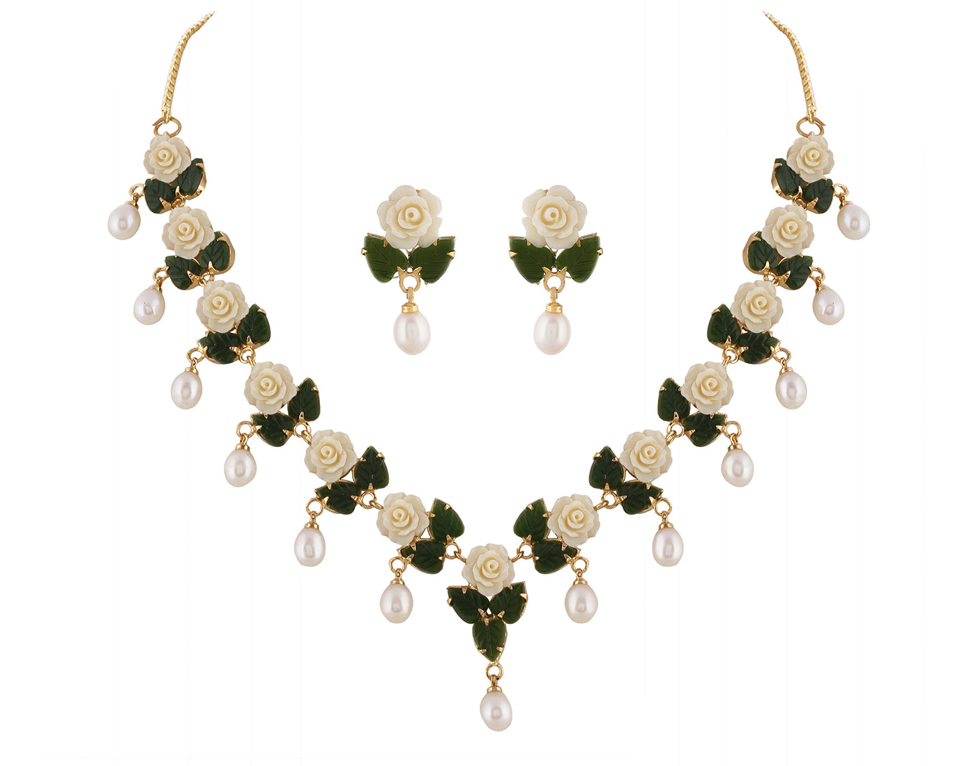 Ceramic Flower Necklace Set With Real Pearl Drops With Certificate(D.No ADPRLS859)